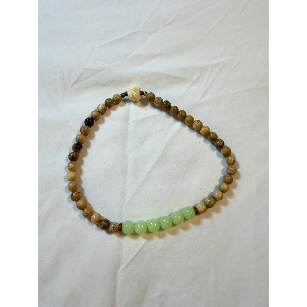 Natural Wood and Pale Green Stone Beaded Necklace with Carved Flower Detail